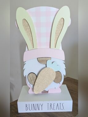 Rae Dunn BUNNY TREATS Wooden Gnome holding Carrot Tabletop Decor